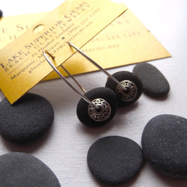 Lake Superior BASALT Zen Stone HOOP Earrings Handcrafted w Tibetan Silver Bead