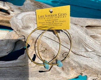 Wonderful Vibrant Authentic Bright Sea Blue Lake Superior Beach Glass Hoop Earrings Sea Glass