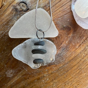 Stacked Lake Superior Basalt Zen Stone and Beach Glass Necklace Pendant image 2