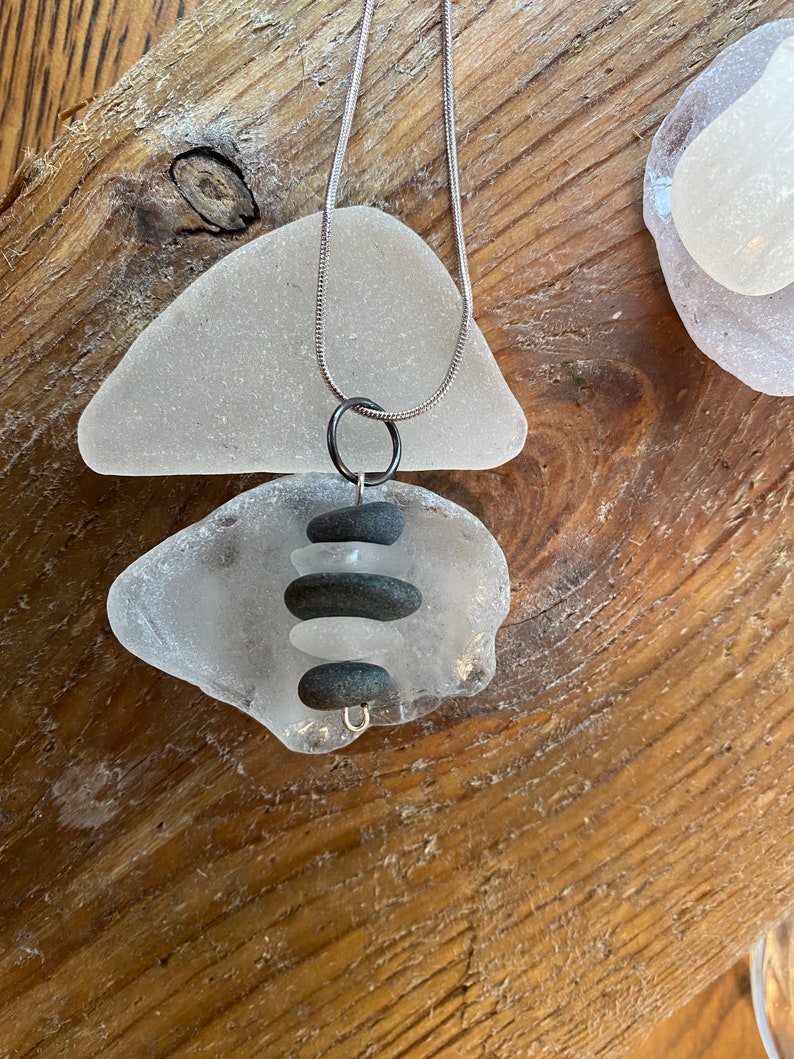 Stacked Lake Superior Basalt Zen Stone and Beach Glass Necklace Pendant image 2