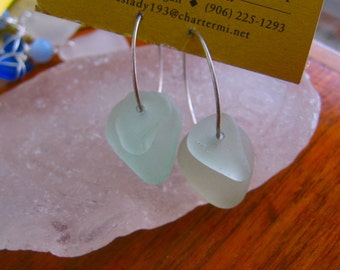 Wonderful Icy Aqua  Blue Lake Superior Beach Glass Hoop Earrings