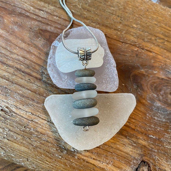 Stacked Lake Superior Basalt Zen Stone and Beach Glass Necklace Pendant