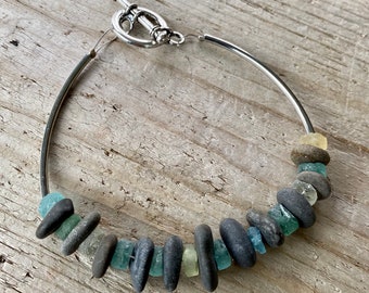 Lake Superior Basalt Zen Stone Bead Bracelet with ancient Roman glass beads and silver