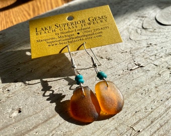 Funky Vibrant Amber Orange Lake Superior Beach Sea Glass Earrings With Stacked Turquoise Beads