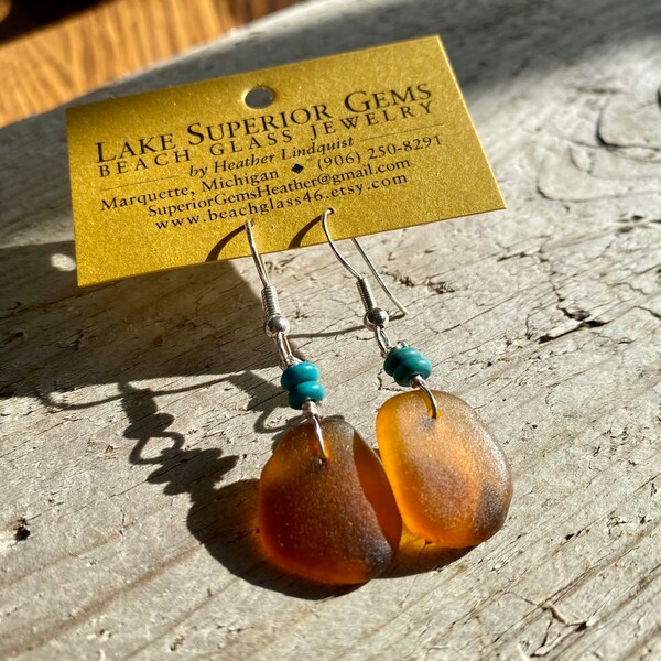 Funky Vibrant Amber Orange Lake Superior Beach Sea Glass Earrings With Stacked Turquoise Beads