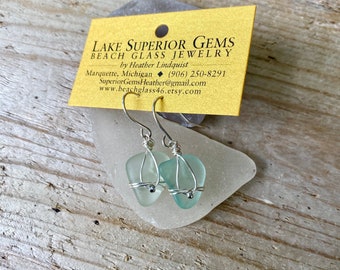 Vibrant Wrapped Silver Sea Foam Green Authentic Lake Superior Beach Glass Earrings Sea Glass