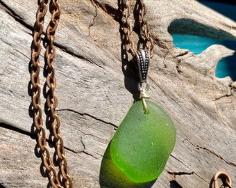 Simple Elegantly Wrapped Vibrant Green Lake Superior Beach Glass Pendant Necklace w Pretty Copper Chain