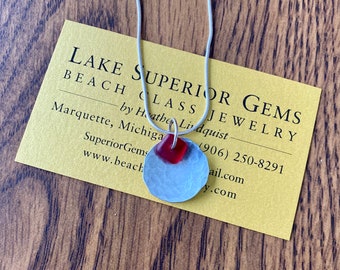 Stunning and RARE red  Lake Superior Beach Glass Pendant Necklace with Hammered Circle VALENTINES day gift