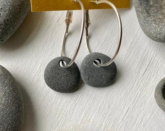 Simple Lake Superior black rocks basalt zen stone hoop earrings