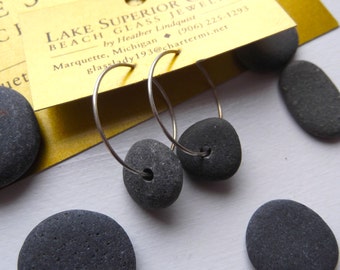 Simple Lake Superior Perfect Circle Basalt Zen Stone Hoop Earrings Heather Grey