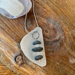 Stacked Lake Superior Basalt Zen Stone and Beach Glass Necklace Pendant image 1