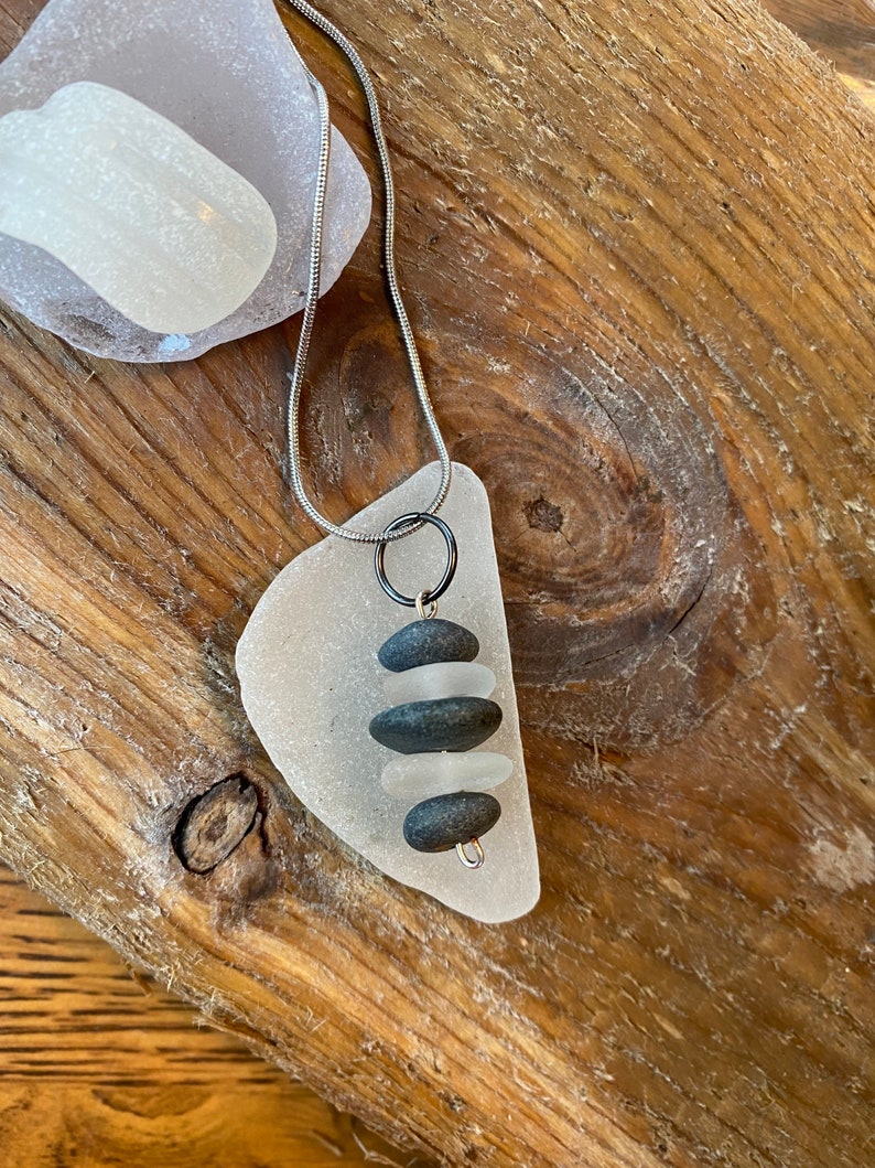 Stacked Lake Superior Basalt Zen Stone and Beach Glass Necklace Pendant image 1