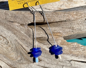 MODERN Lake Superior Speared and Stacked Rare Cobalt Beach Glass Earrings on Elegant silver dangles.