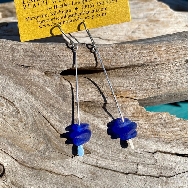 MODERN Lake Superior Speared and Stacked Rare Cobalt Beach Glass Earrings on Elegant silver dangles.