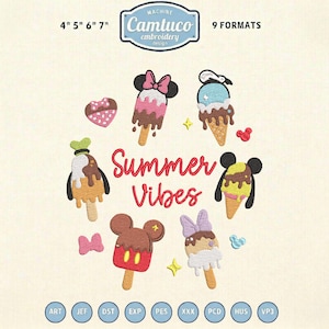 May include: An embroidery design featuring colorful ice cream popsicles and cones with character-inspired designs. The text "Summer Vibes" is in red script. The design is available in 9 formats and sizes 4", 5", 6", and 7".