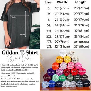 May include: A dark gray Gildan T-shirt with size and color information. The shirt is made of 100% cotton and has a crew neckline. The image also shows a color chart with various colors like black, navy, and red.