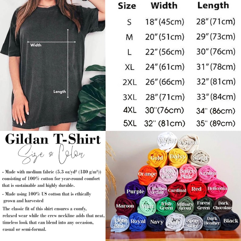 May include: A dark gray Gildan T-shirt with size and color information. The shirt is made of 100% cotton and has a crew neckline. The image also shows a color chart with various colors like black, navy, and red.