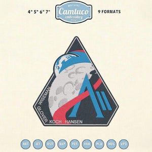 May include: Embroidered patch with a triangular design featuring a stylized moon, Earth, and the letter "A". The patch includes the names "WISEMAN", "GLOVER", "KOCH", and "HANSEN". The patch is available in 9 formats and sizes 10 cm, 13 cm, 15 cm, and 18 cm.