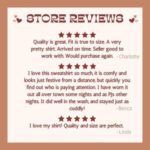 May include: A tan-colored graphic with the words "STORE REVIEWS" in a decorative font. The image features customer reviews with star ratings and quotes about product quality, fit, and satisfaction.