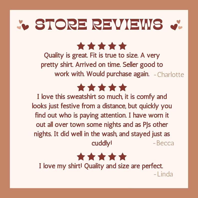 May include: A tan-colored graphic with the words "STORE REVIEWS" in a decorative font. The image features customer reviews with star ratings and quotes about product quality, fit, and satisfaction.