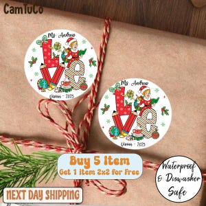 Aangepaste naam leraar kerstlabels, aangepaste naam kerstnaamlabels, aangepaste kindercadeaulabelstickers Kerstmis, kerstvakantielabels