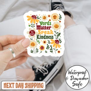 Sticker Words Matter Speak Gentillesse, Sticker santé mentale positivité, Vinyle imperméable floral rétro, Sticker esthétique Be Kind, Cadeau pour prendre soin de soi