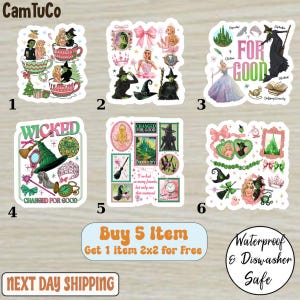 May include: A collection of colorful stickers featuring characters and elements from the musical "Wicked" and other fantasy themes. Includes images of witches, hats, and the phrase "For Good". Waterproof and dishwasher safe.