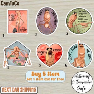 Puede incluir: Una colección de seis pegatinas humorísticas con un personaje de camarón de dibujos animados en varias poses y bocadillos. Las pegatinas tienen frases como "No me gusta esta roca" y "¿Dónde está mi beso?" Las pegatinas son impermeables y aptas para lavavajillas.