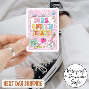 Pegatina personalizada a cuadros para el regreso a clases, con el nombre del profesor, regalo personalizado para el primer día de clases.