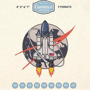 May include: An embroidered design of a space shuttle with the American flag, set against a planet and the NASA logo. The design includes the text "Camtuco embroidery design" and is available in 9 formats. The design is available in 10.16cm, 12.7cm, 15.24cm, and 17.78cm sizes.