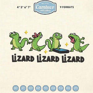 Puede incluir: Diseño de bordado a máquina con cuatro lagartos verdes de dibujos animados con diversas expresiones. La palabra "LIZARD" se repite debajo. El diseño está disponible en 9 formatos y tamaños de 10, 12.7, 15.2 y 17.8 cm.