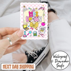 Pegatina personalizada a cuadros para el regreso a clases, con el nombre del profesor, regalo personalizado para el primer día de clases.