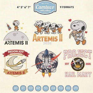 Può includere: Una collezione di disegni per ricamo a macchina a tema spaziale. I disegni includono Snoopy come astronauta, la missione Artemis II, un razzo e il testo "Project Hail Mary". Disponibile in 9 formati e dimensioni 10 cm, 13 cm, 15 cm, e 18 cm.