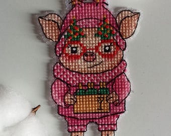 Fun christmas pig with champagne cross stitch pattern PDF + saga digital download