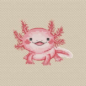 Axolotl roze kruissteekpatroon pdf, schattige axolotl-borduurwerk instant download, klein decor handsteekpatroon, amfibische kruissteek
