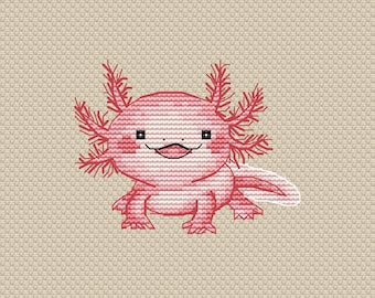 Axolotl pink cross stitch pattern PDF, Cute Axolotl embroidery instant download, small decor hand stitch pattern, ampfibian cross stitch