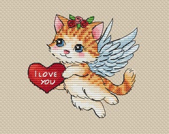 Valentines Cat Cross Stitch Pattern: Romantic Embroidery (PDF Pattern)