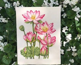Korsstygnsmönster med rogivande rosa näckrosor - DIY-broderidesign, direkt nedladdning i PDF-format