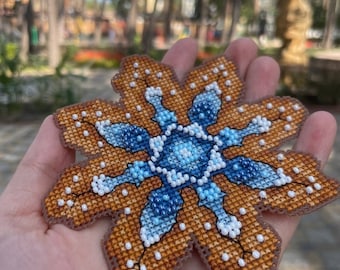 Christmas gingerbread snowflake cross stitch chart, christmas ornaments embroidery pattern PDF, digital download design, new year tree toy