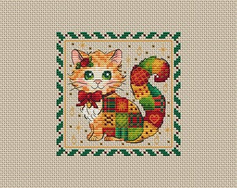 Schema punto croce gatto rosso di Natale: disegno patchwork (download PDF)