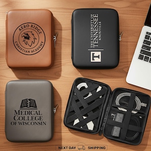 Personalized Leather Cord Case, Custom Company, School or Hospital Logo Tech Organizer, Travel Cable Case Gift, Father's Day Gift