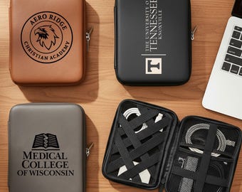 Personalized Leather Cord Case, Custom Company, School or Hospital Logo Tech Organizer, Travel Cable Case Gift, Father's Day Gift