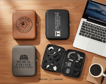 Personalized Leather Cord Case, Custom Company, School or Hospital Logo Tech Organizer, Travel Cable Case Gift, Father's Day Gift