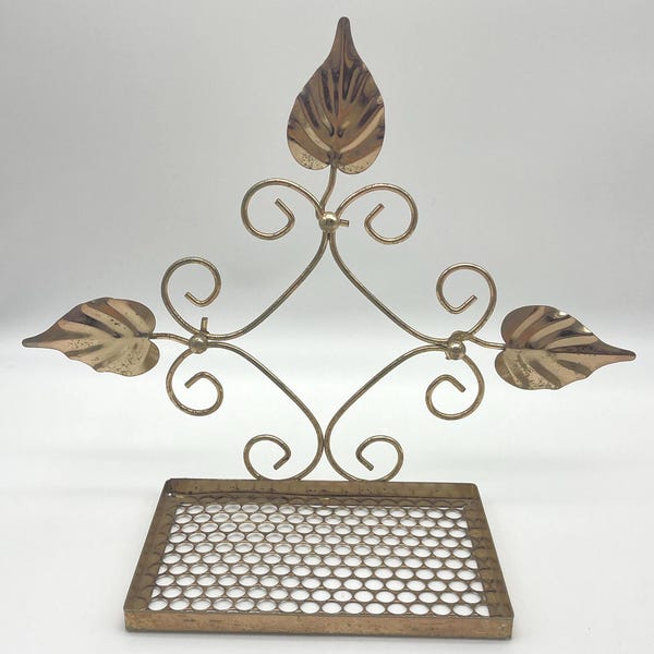 Set of 2 Vintage Metal Accent Shelves, Gold Shelves with Leaves, Mesh Gold Shelves