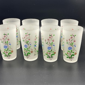 Vintage Hand Painted Drinking Glasses, 1950&#39;s Frosted Glasses, Floral Design Water Glasses, Cottage Core Glasses RARE, Set of 8 Glasses