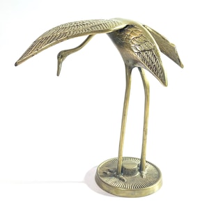 Vintage Solid Brass Crane, Heron Bird Figurine Statue, Stork with Spread Wings, Bending Over Ciconia Statue