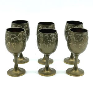 Etched Brass Coffee Cups, Set of 6 Mini Brass Goblets, Stemmed Brass Tea Cups, India Brass