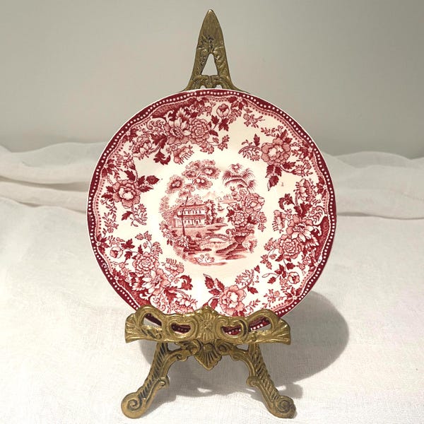 Vintage Royal Staffordshire Tonquin Clarice Cliff England, Pink Transferware Floral Saucer, 6"