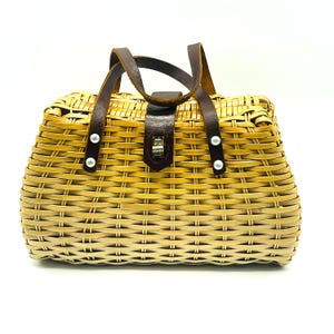 Bolso de mimbre vintage de los años 50, bolso de mano de mimbre con correas de cuero, bolso de mimbre forrado, Colonia de la Corona de Hong Kong