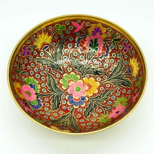 Hand Painted Brass Trinket Dish, Floral Brass Footed Bowl, Decorative Bowl India, 5&quot; Diameter